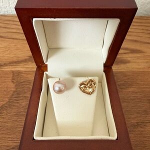 Costco Genuine Pearl & Diamond Cut Heart Singles - 14k Gold Asymmetrical Set